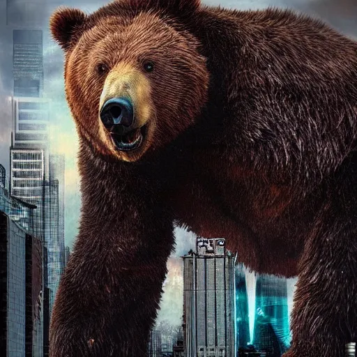 Image similar to ! dream a giant angry bear vs. godzilla in the city, photomanipulation, photoshop, digital art