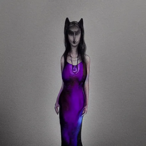 Image similar to photorealistic soft paint of absurdities and curiosities, very beautiful female curvy full gothic long dress, ultra deep fog, purple black lustrous thin haircut, symmetry accurate features, focus, very intricate ultrafine details, award winning masterpiece