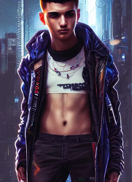 Image similar to photo of cyberpunk male teenager in the style of stefan kostic, realistic, sharp focus, 8 k high definition, insanely detailed, intricate, elegant, art by stanley lau and artgerm