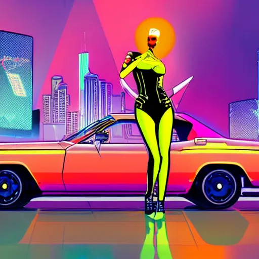 Image similar to synthwave cyberpunk girl wearing latex biker catsuit holding a molotolv sitting on a stack of speakers in the back of a blue 1967 chevy camero, in a neon city in the style of a comic book sunset city