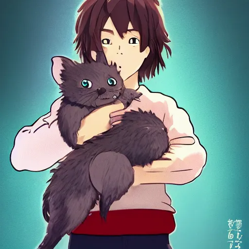 Prompt: guy holding small creature , with Fragile looking character portrait face made by Studio Ghibli highly detailed art, beautiful scene, sharp focus, smooth, nostalgic 8k, anime art, pixiv, accent lighting