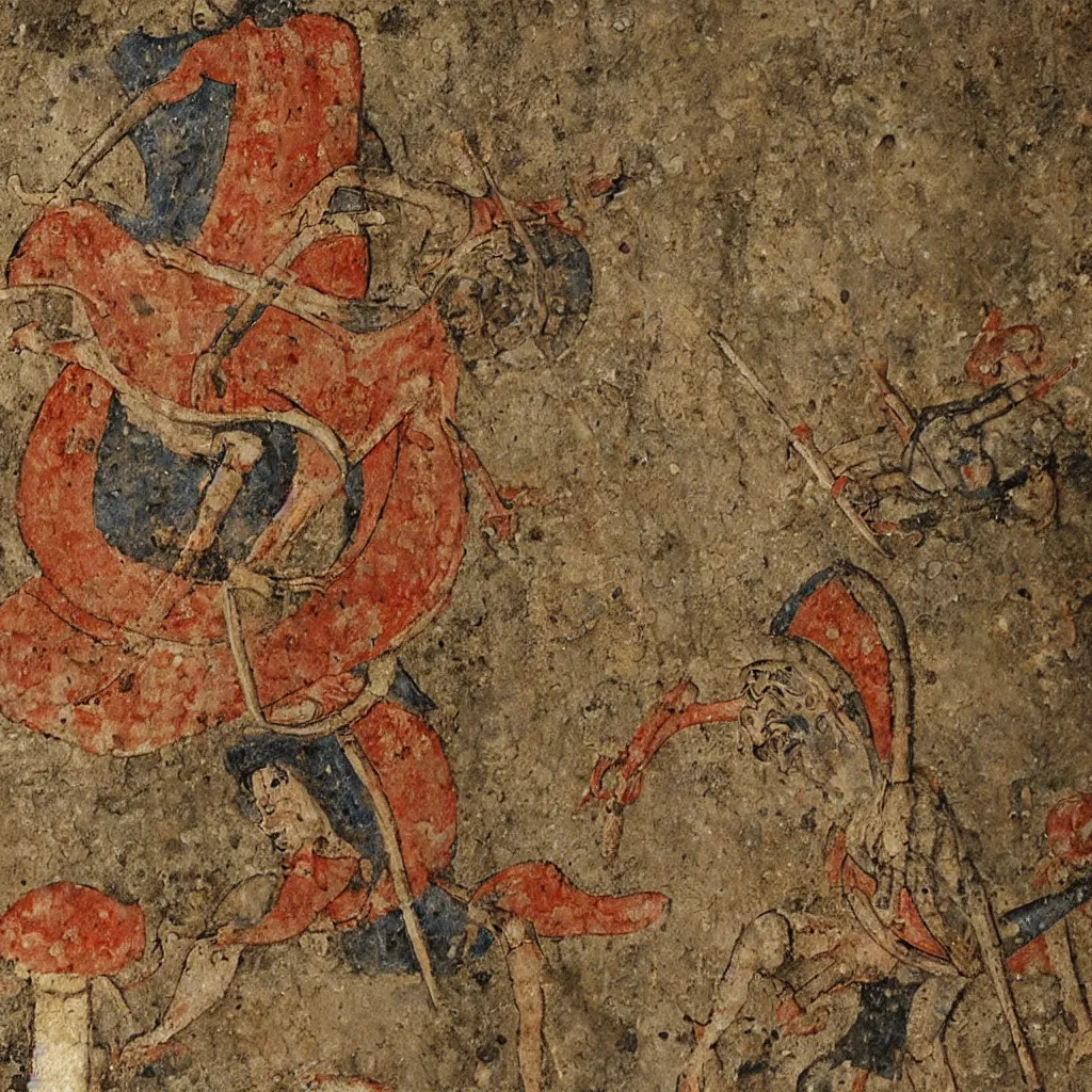 Image similar to medieval fresco of a man riding on top of an amanita muscaria mushroom