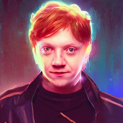 Image similar to portrait of Rupert Grint as Ron Wisly with visor in cyberpunk, neon lighting, night city, digital art from artstation by Ruan Jia and Mandy Jurgens and Artgerm and william-adolphe bouguereau and Greg Rutkowski