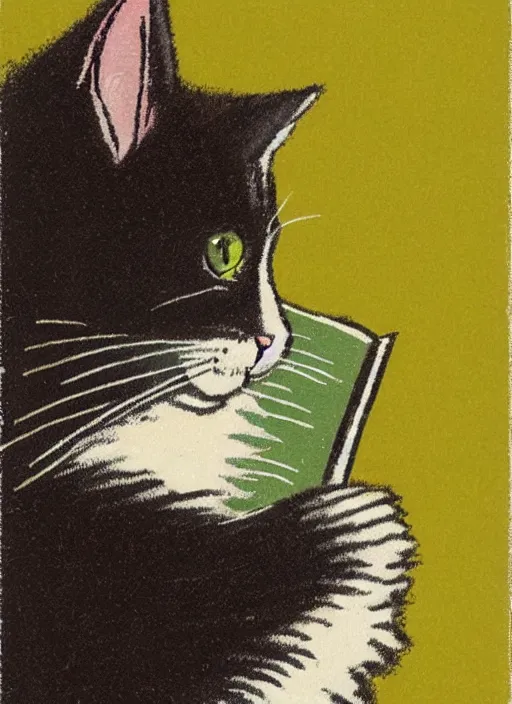 Prompt: an extreme close - up portrait of a cute fluffy cat reading in a scenic representation of mother nature and the meaning of life by billy childish, thick visible brush strokes, shadowy landscape painting in the background by beal gifford, vintage postcard illustration, minimalist cover art by mitchell hooks