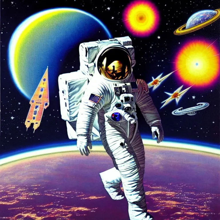 Image similar to by philip caza. astronaut at the rainbow bridge.