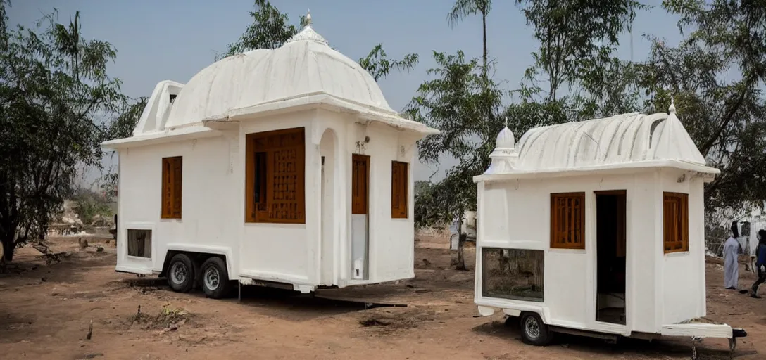 Image similar to mughal - style white ivory tiny home on trailer with minarets in cyberpunk india