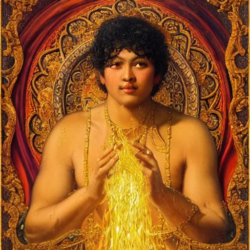 Prompt: highley detailed old srilankan buddhist monk drowning in liquid gold in baroque style, painting by gaston bussiere, craig mullins, j. c. leyendecker, lights, art by ernst haeckel, john william godward, hammershøi,