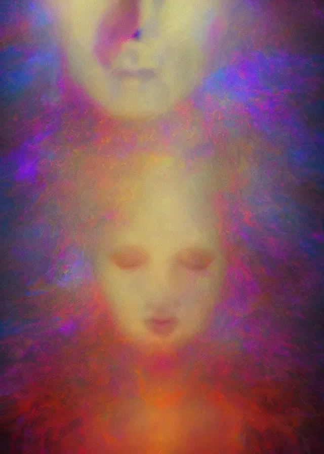 Image similar to serene deva of the golden blood mythos beloved deva (dreams) gnostic fog, award winning oil painting, chromatic aberration sharp colors
