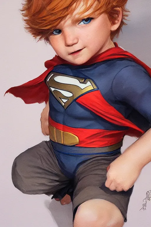 Image similar to a little boy with a michievous face and ginger hair. he is dressed as a superhero. clean elegant painting, beautiful detailed face. by artgerm and greg rutkowski