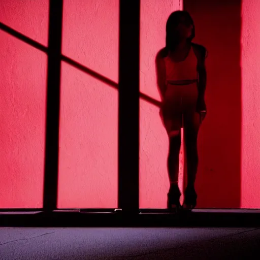 Prompt: she sees her own shadow outlined in red light along the floor below her