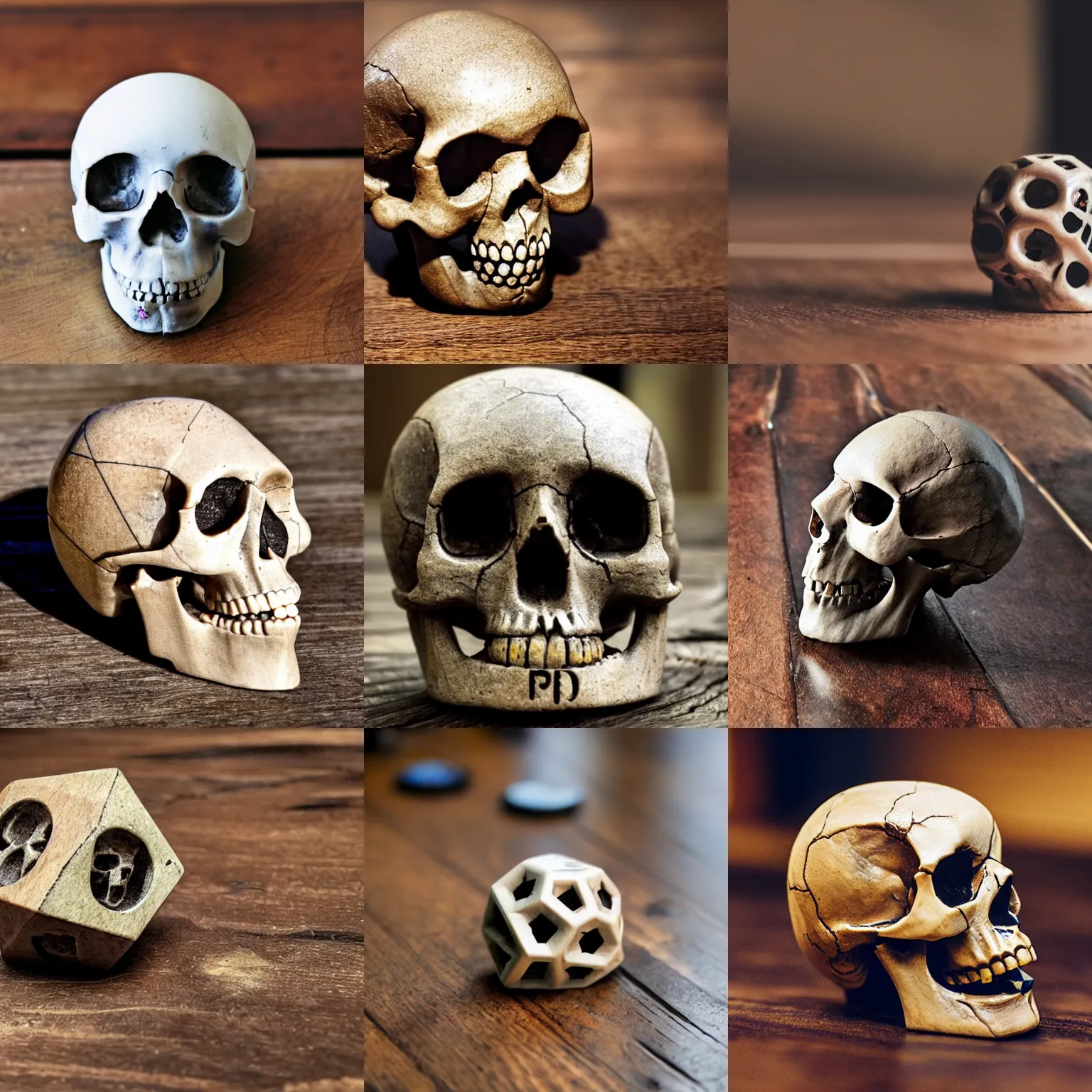 Prompt: a human skull that is also a 6-sided die, on a worn wooden table