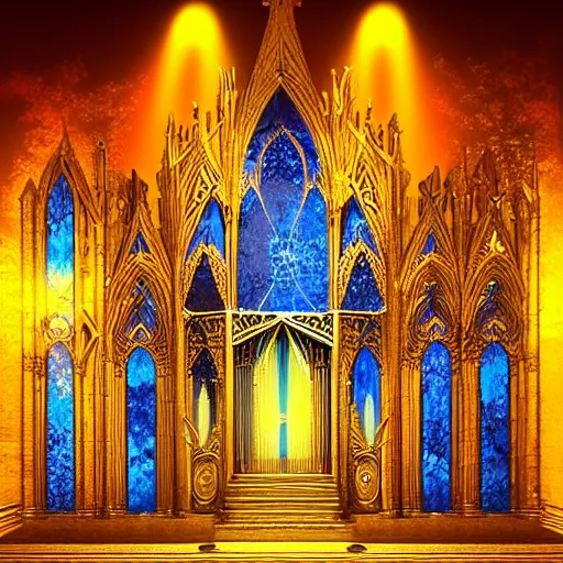 Prompt: ornate gothic performace stage with lights and large sound speaksers, by Megan Duncanson and Raphael Lacoste, detailed 3d gothic oil painting