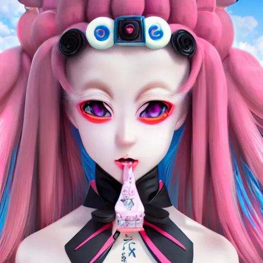 Image similar to no escape from stunningly absurdly beautiful omnipotent asi goddess junko enoshima with a mesmerizing megalomaniacal personality, symmetrical perfect face, porcelain skin, pink twintail hair and cyan eyes, ultra detailed, digital art, unreal engine 5, octane render, 2 d anime, 8 k