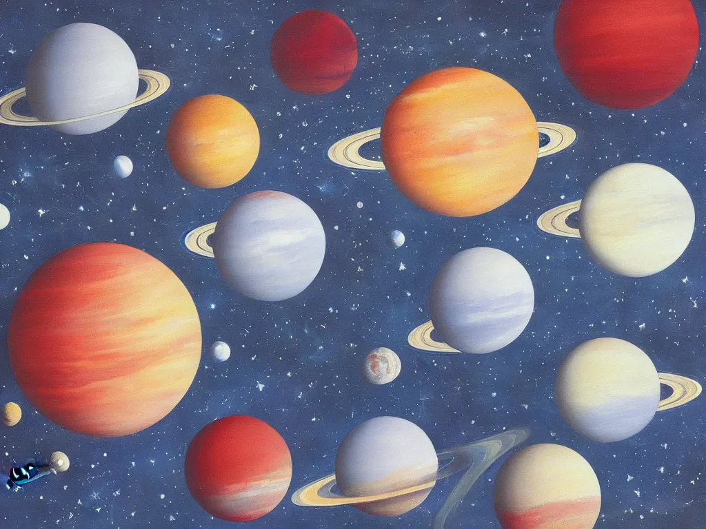 Prompt: A beautiful painting of five planets by Gioele Muscolino and, There are only five planets that are black, white, yellow, red, and blue, behind the galaxy and the universe, Trending on artstation, starry sky