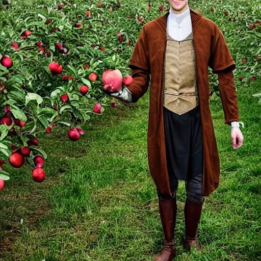 Prompt: portrait of a slender elven man, standing in an apple orchard, dressed in medieval style, sharp features, very handsome, dungeons and dragons