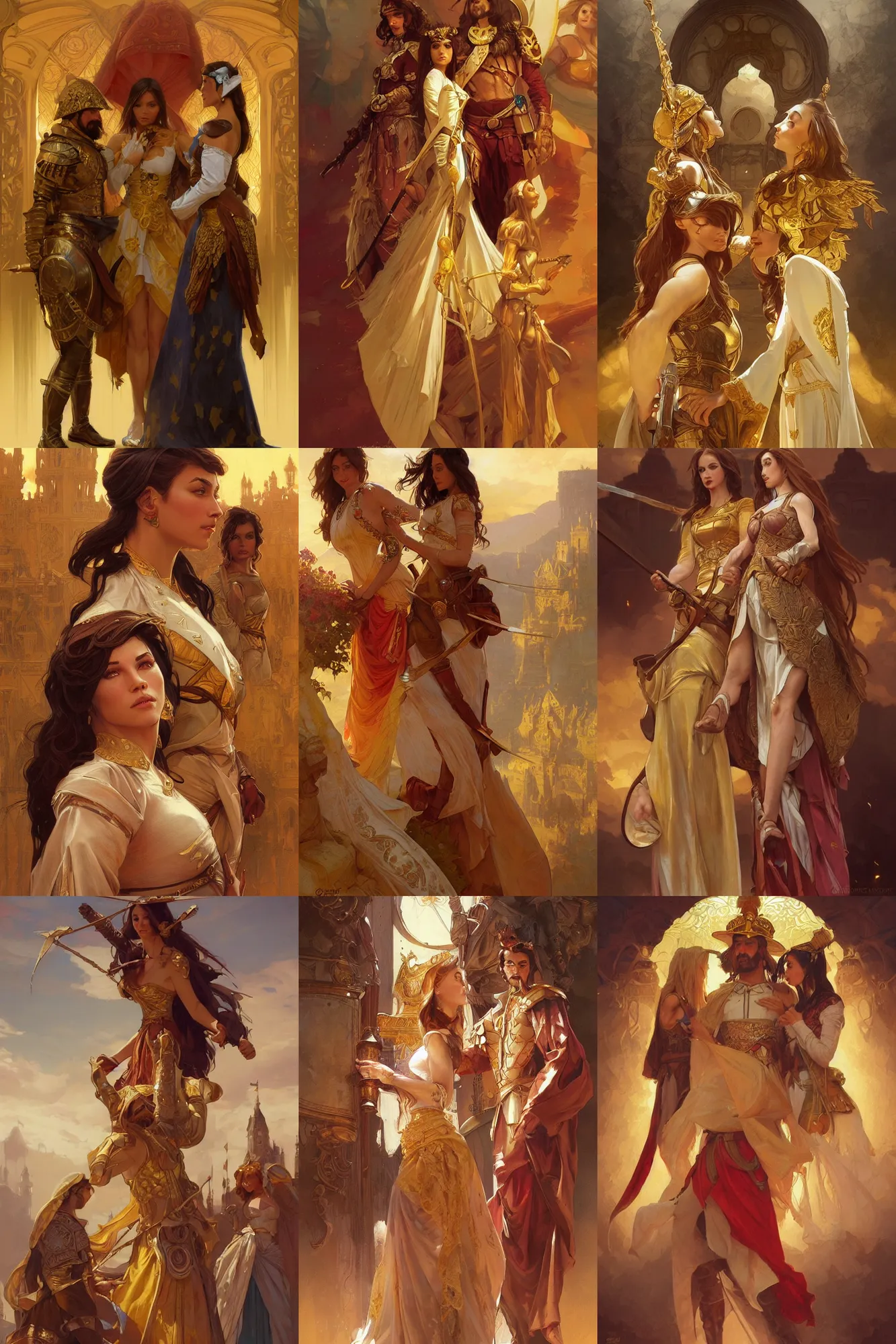 Prompt: spanish conquistador embraced by two golden women, elegant, highly detailed, digital painting, artstation, concept art, smooth, sharp focus, illustration, art by artgerm and greg rutkowski and alphonse mucha