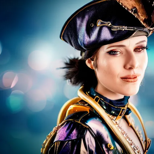 Image similar to pirate woman with iridescent skin, wearing steampunk astronaut clothes, bokeh, 8 k