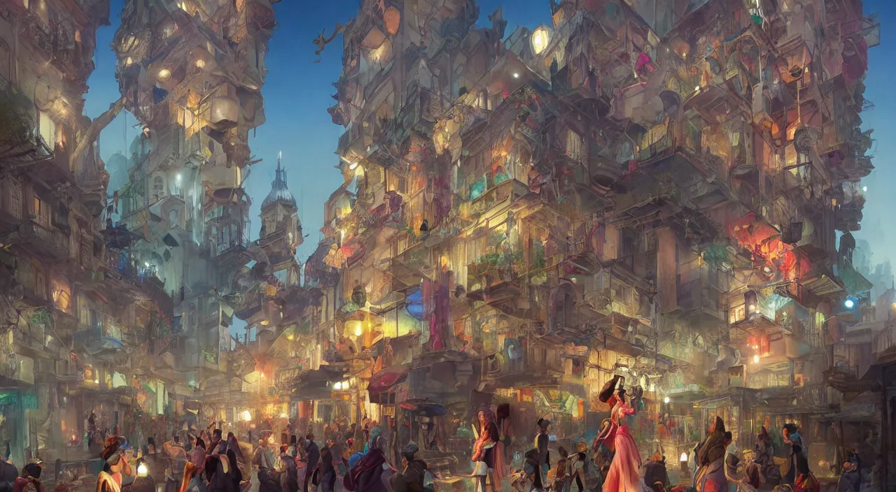 Image similar to bazaar zouk oriantal place mosquet multicolorful sky shine matte painting, street art, trending on artstation, by huang guangjian and gil elvgren and sachin teng