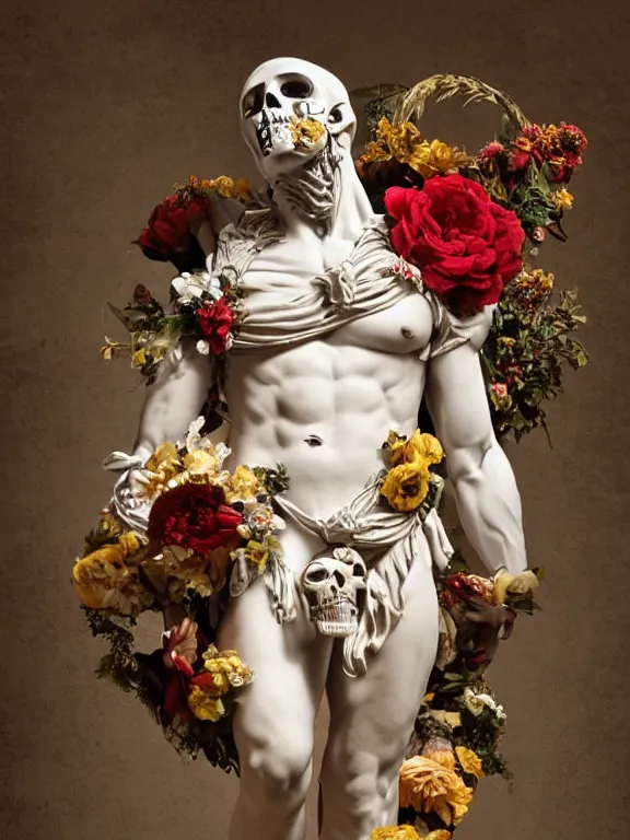 Prompt: a man in the form of a Greek sculpture with a mask in the form of a skull and wreath of flowers, dressed in a biomechanical dress of a demon by Roberto Ferri, stands in the pose of a super hero on a golden stone, silk, fabric, birds, flowers. red plastic. baroque elements, human skull. full-length view. baroque element. intricate artwork by caravaggio. dark background. Trending on artstation. halo. octane render, cinematic, hyper realism, octane render, 8k, depth of field, bokeh. iridescent accents. vibrant. teal and gold and red colour scheme