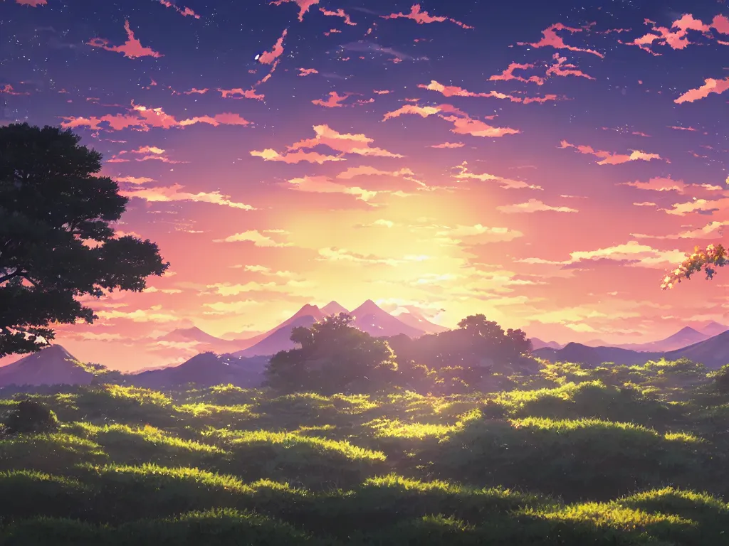 Beautiful Anime Sunset Scenery, Lovely Tree on a Hill Stock Illustration -  Illustration of sunrise, beautiful: 272680297