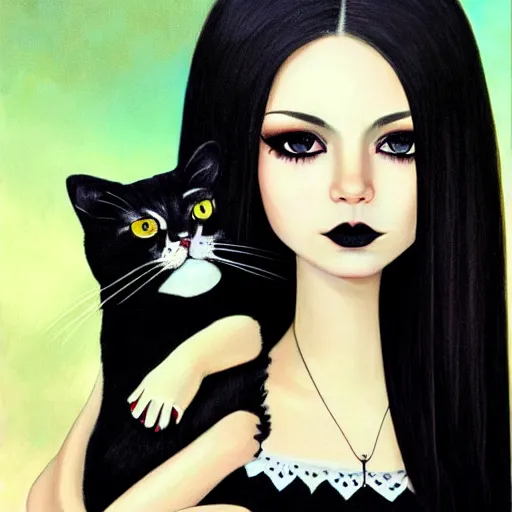 Prompt: a painting of an emo goth mexican woman with long dark hair thick eyebrows dark eyes and dark circles wide nose big eyes oval face shape big cheeks, holding her tabby cat, a photorealistic painting by tran nguyen and ilya kuvshinov, featured on deviantart, gothic art, goth, gothic, detailed painting