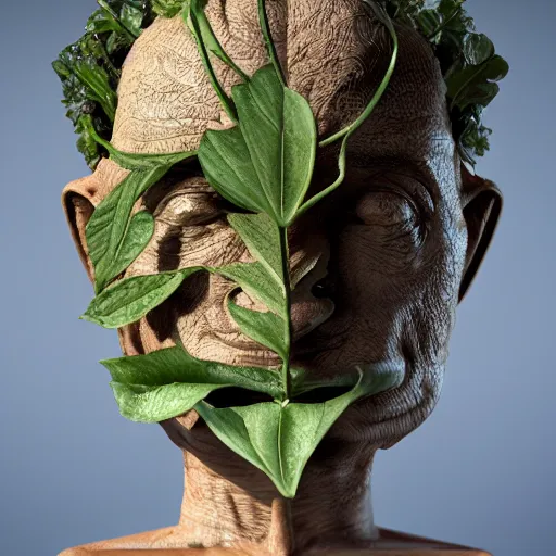 Prompt: medium shot, mandrake in a porcelaine pot, wooden human head with mandrake!!! leaves!!! growing from it, intricate hyper detailed ultra sharp sharp focus, global illumination, radiant light, alexandre ferra, irakli nadar, octane render, unreal engine, 4 k, ultra hd,