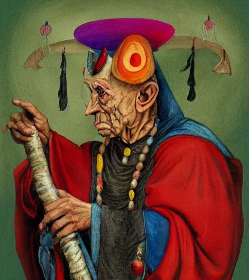 Image similar to Portrait painting in a style of Hieronim Bosch of an old shaman dressed in a colorful traditional clothes.