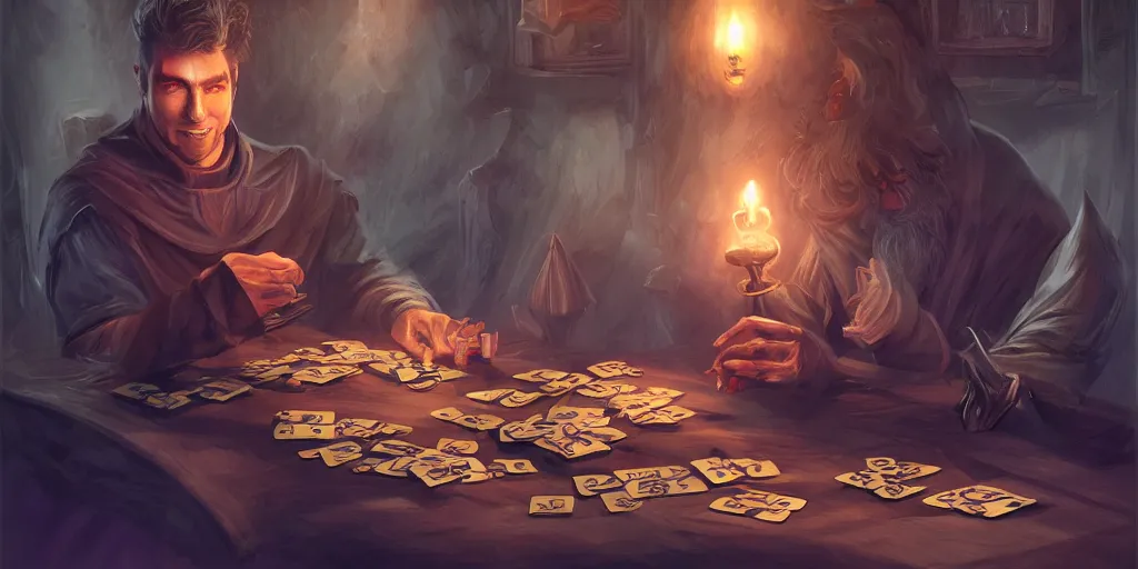 Image similar to handsome! wizard shuffling cards, cards, fantasy, digital art, soft lighting, concept art, 8 k