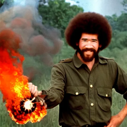 Image similar to bob ross holding a flamethrower in the vietnam war