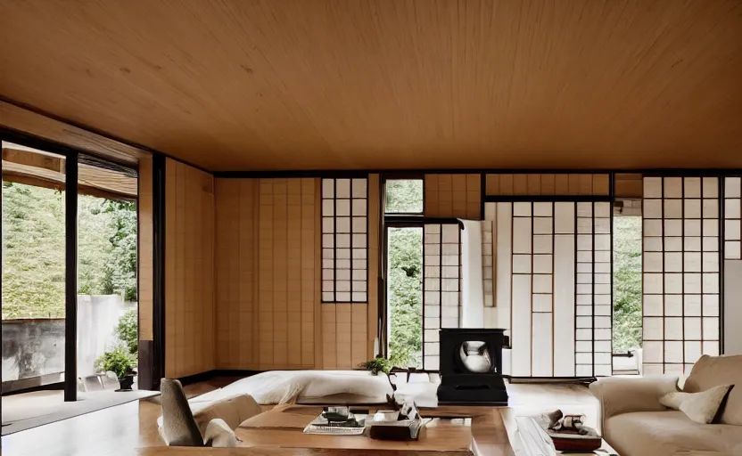 Image similar to luxurious wooden cottage by yabu pushelberg, modern japanese living room, japanese wabi - sabi arrangements, coherent composition, architectural photography