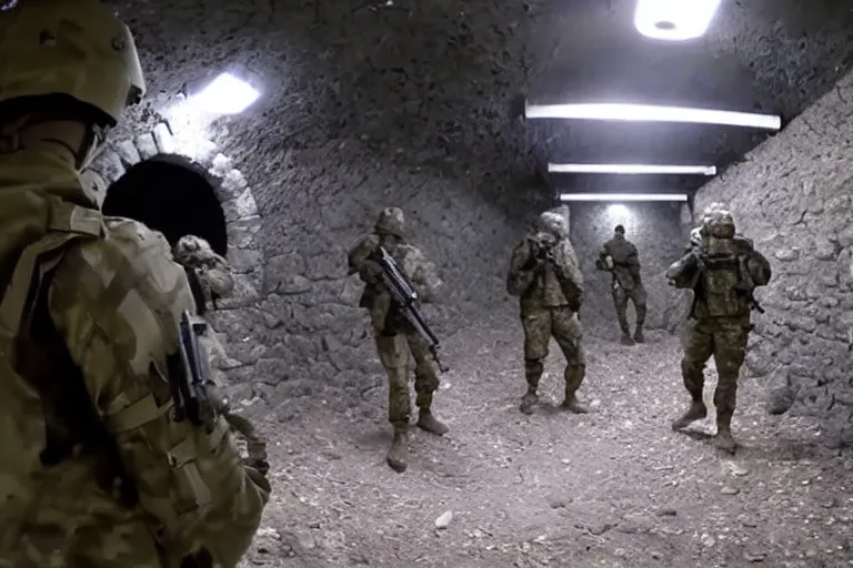 Image similar to gopro footage of a battle between human soldiers and grey aliens with guns in a dark underground tunnel