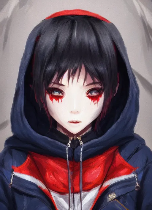 Image similar to a highly detailed illustration of black short hair cute japanese girl wearing blood stained navy hoodie with the word nevada on it, dramatic smile pose, intricate, elegant, highly detailed, centered, digital painting, artstation, concept art, smooth, sharp focus, league of legends concept art, WLOP