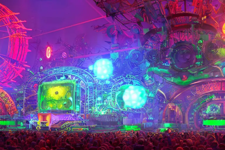 Image similar to an outdoor festival stage with audience, center of the stage is a big futuristic dieselpunk machine with gears and belts and tubes, rock musicians on the stage, laser show, 8 k, fluorescent colors, halluzinogenic, multicolored, exaggerated detailed, unreal engine