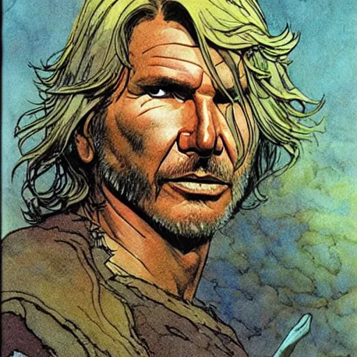 Prompt: a realistic and atmospheric portrait of harrison ford as a druidic warrior wizard looking at the camera with an intelligent gaze by rebecca guay, michael kaluta, charles vess and jean moebius giraud