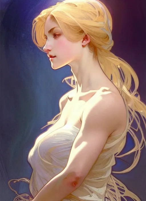 Image similar to digital character concept art by artgerm and greg rutkowski and alphonse mucha. clear portrait of a modern young wife blessed by god to uncontrollably become overwhelmingly perfect!! blonde, clothed! obviously feminine holy body!! light effect. hyper detailed, glowing lights!! intricate, elegant, digital painting, artstation, smooth, sharp focus