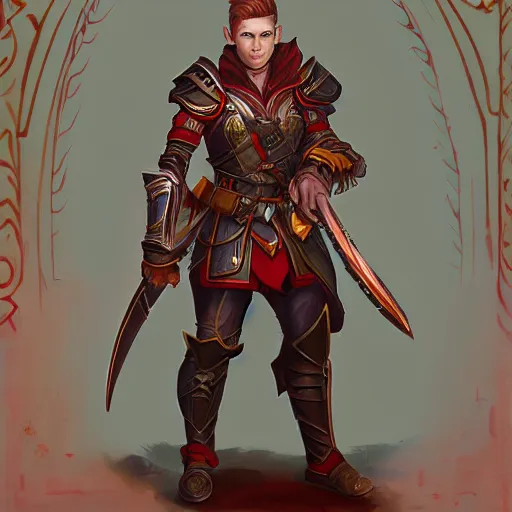 Image similar to character portrait, D&D, male half-elf, artificer, short red hair shaved on sides, white jacketed, half-plate armor, artstation, ultra detailed, in the style of terese nielsen