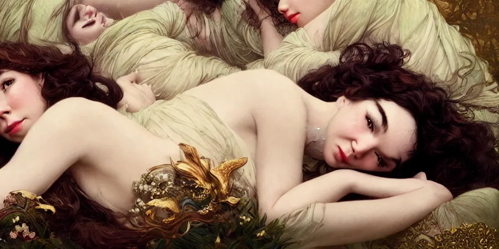 Prompt: stunning photo of dark - haired goddesses vanessa kirby, hailee steinfeld, and bjork smiling, laying back on pillows, with wet faces, wet lips, perfect eyes, insanely detailed, elegant, by mucha, wlop, rutkowski, livia prima