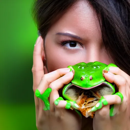 Image similar to A photo of a woman eating a frog, ultra high detail, 8k.