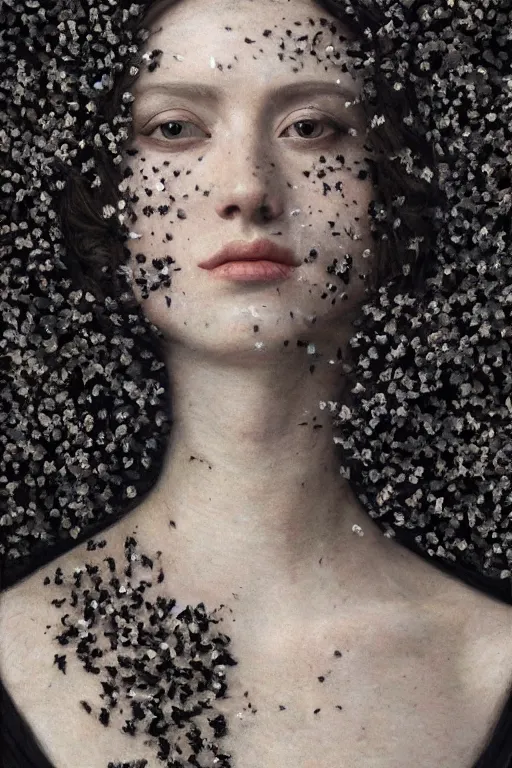 Prompt: hyperrealism close - up portrait of thousands black flowers merged with with medieval female shattered face, dark palette, pale skin, wearing silver silk robe, in style of classicism