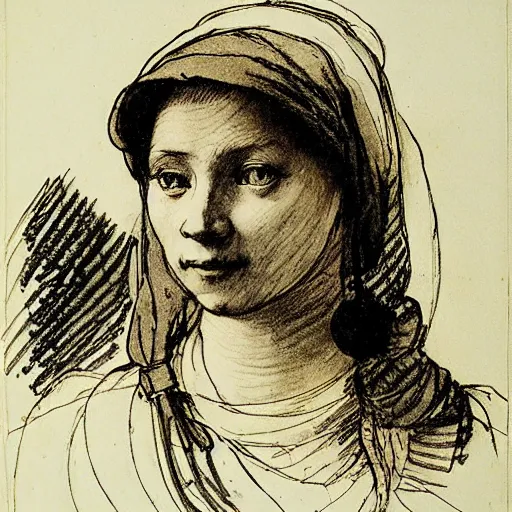 Prompt: materials ink and pen study portrait of a peasant girl by anders zorn, hans holbein the younger, jan van eyck