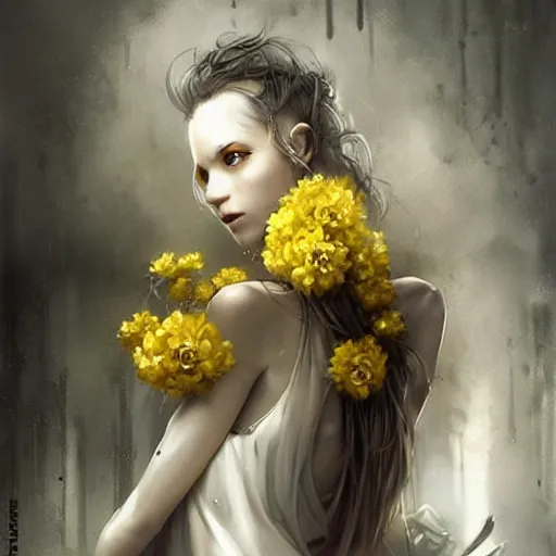 Image similar to a woman in a white dress with yellow flowers on her body, cyberpunk art by bastien lecouffe - deharme, trending on cgsociety, fantasy art, dystopian art, apocalypse art, rococo