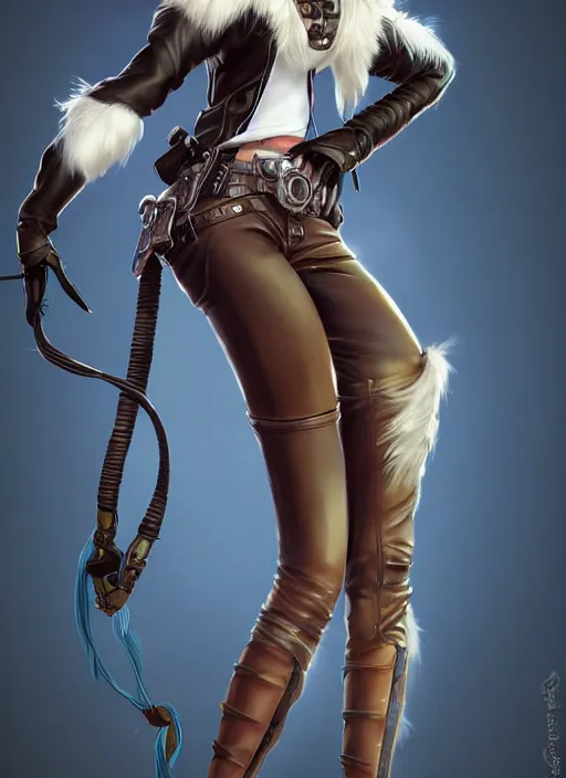 Image similar to wide angle beautiful full body portrait of a strong female anthropomorphic anthro lynx fursona wearing a steampunk leather pants. from behind, character design by disney, anime, manga, charlie bowater, ross tran, artgerm, and makoto shinkai, detailed, soft lighting, rendered in octane, white fur