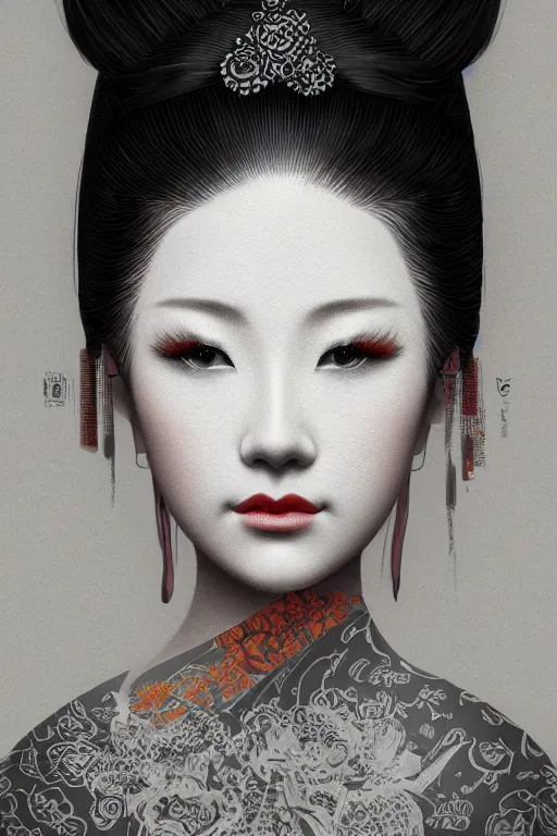 Image similar to A masterpiece portrait of a Incredibly geisha, medium shot, intricate, elegant, highly detailed, trending on artstation, digital art by Ash Thorp