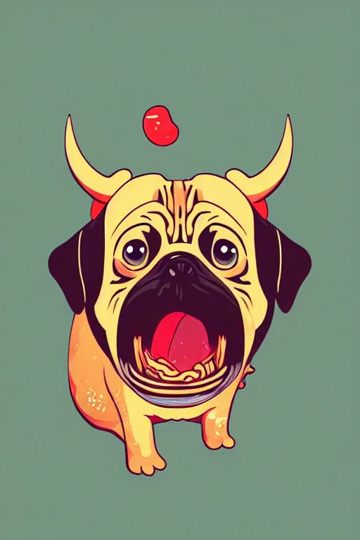 Image similar to demon pug eating flesh. art by mike winkelmann, sticker, colorful, illustration, highly detailed, simple, smooth and clean vector curves, no jagged lines, vector art, smooth