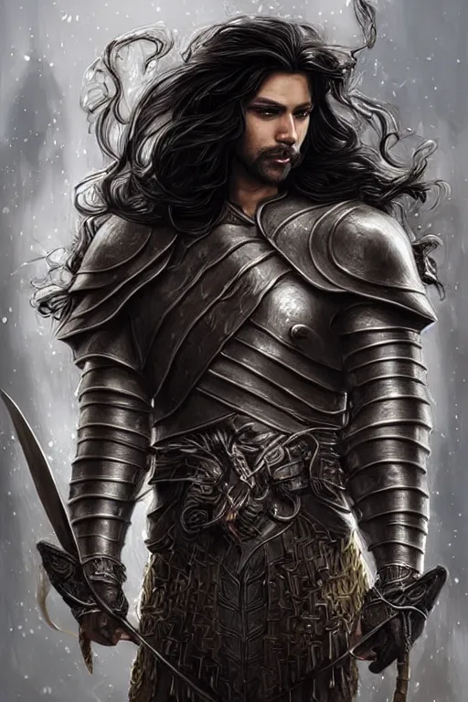 Prompt: portrait of a gorgeous male warrior, looking at camera, D&D, aesthetic armor, very long flowing curly black hair, intricate, elegant, stylish, cute slightly nerdy smile, mouth slightly open, fantasy, extremely detailed, digital painting, artstation, concept art, smooth, sharp focus, illustration, stunning lighting, art by artgerm and greg rutkowski and alphonse mucha and simon stalenhag