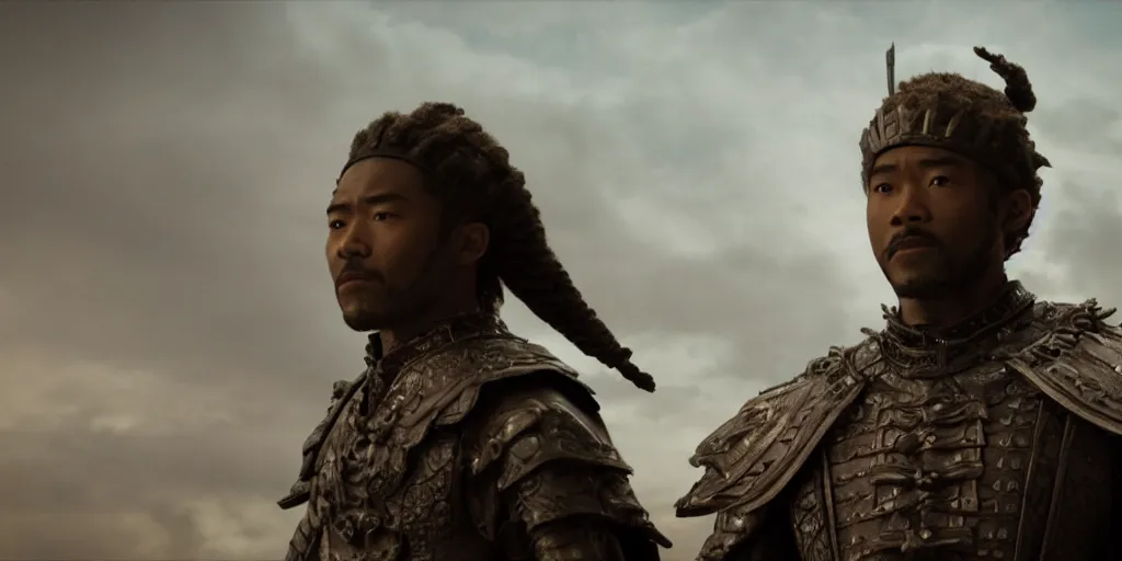 Image similar to a film still of a black man starring in a japanese blockbuster film as san ancient samurai, shallow depth of field, cinematic, award winning cgi, vfx, film still