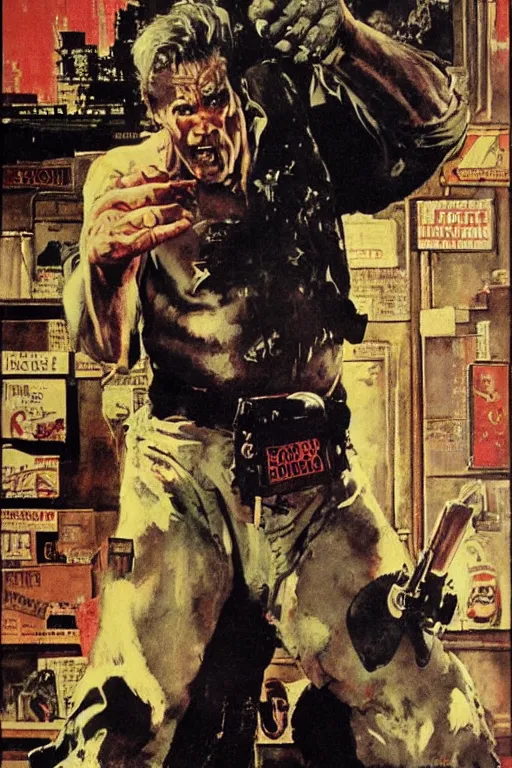 Image similar to josh brolin as huge monster gangster on city street, norman rockwell, wayne barlow, jacob collins, tom lovell, frank schoonover, neville page