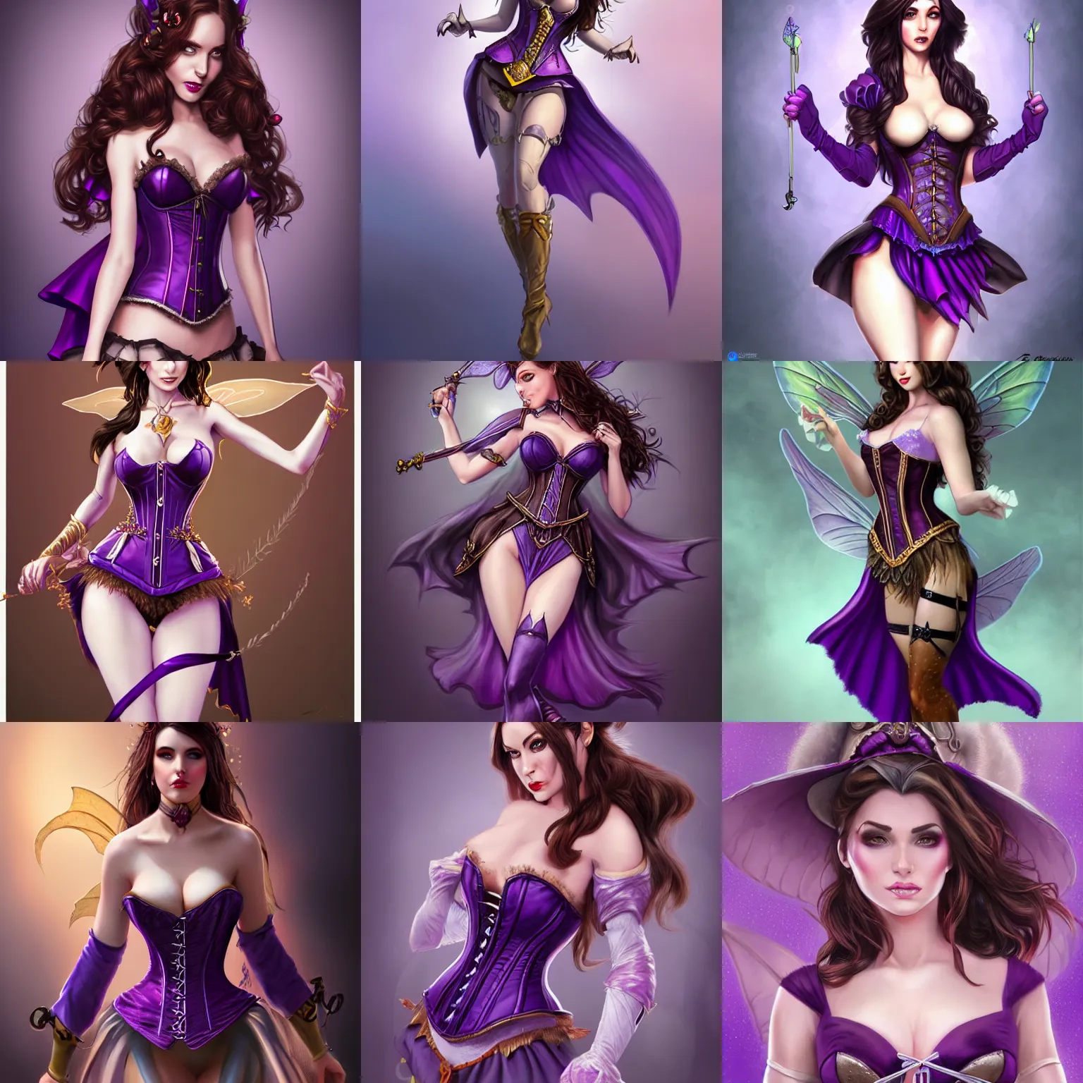 Prompt: brunette fairy woman, wearing purple corset and flared skirt, d & d, fantasy, highly detailed, digital painting, trending on artstation, concept art, sharp focus, illustration, art by artgerm and rosstran