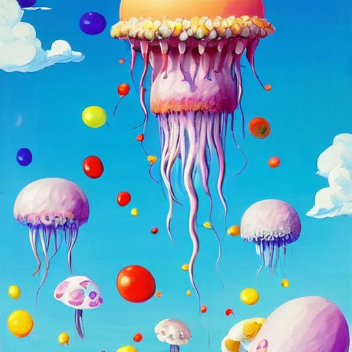 Image similar to Giant ice cream jellyfish, jellybeans, flowers, and mushrooms fly through the air, as a tornado approaches, by Takashi Murakami, Edward Hopper, Bo Bartlett, and Cynthia Sheppard, Artstation