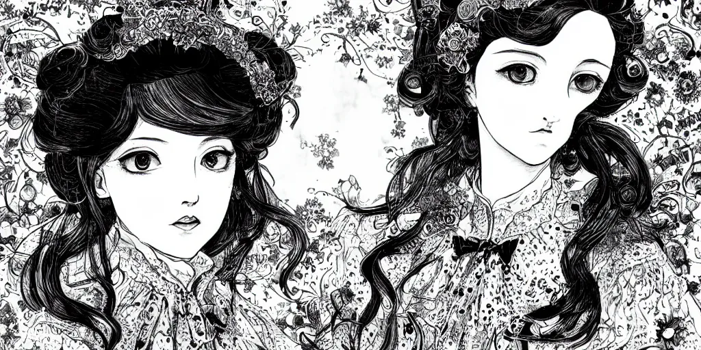 Image similar to Portrait a woman in Victorian clothing, Art by Yana Toboso, manga, black and white, japanese ink, high contrast, digital art